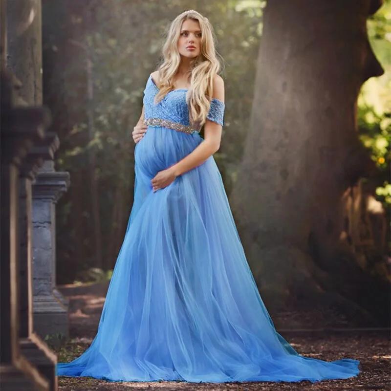 European and American Pregnancy Women's Clothing Short Sleeve Lace Mesh Maternity Train Dress Photography Dress