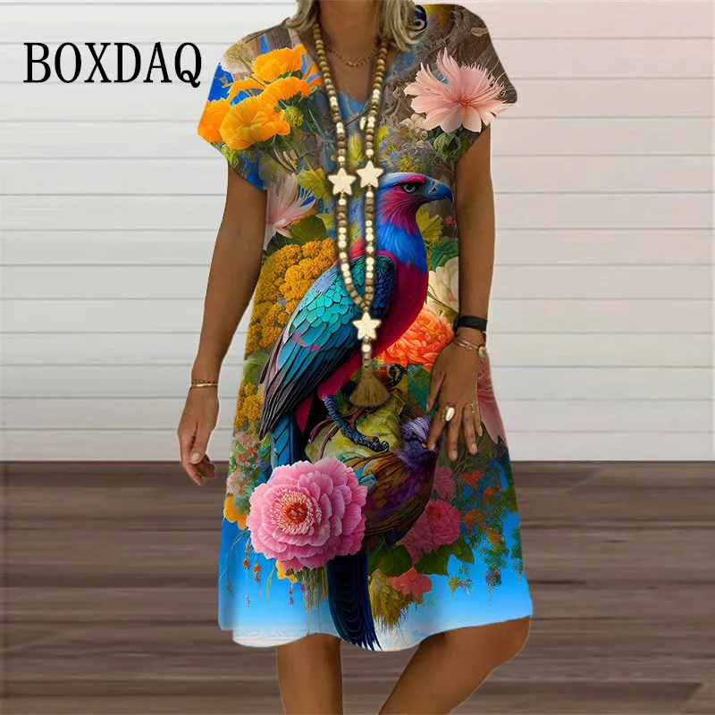 New Summer Parrot Pattern Dress For Women Clothes Fashion Short Sleeve 3D Floral Print Loose Dress Casual V-Neck Oversized Dress