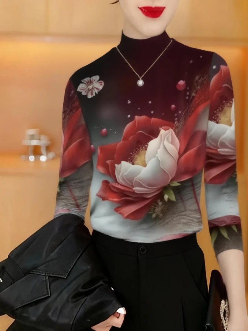 

Elegant Thickened Long Sleeve Fleece Lined Printed Base Shirt Half High Collar Outerwear for Middle Aged And Elderly Women