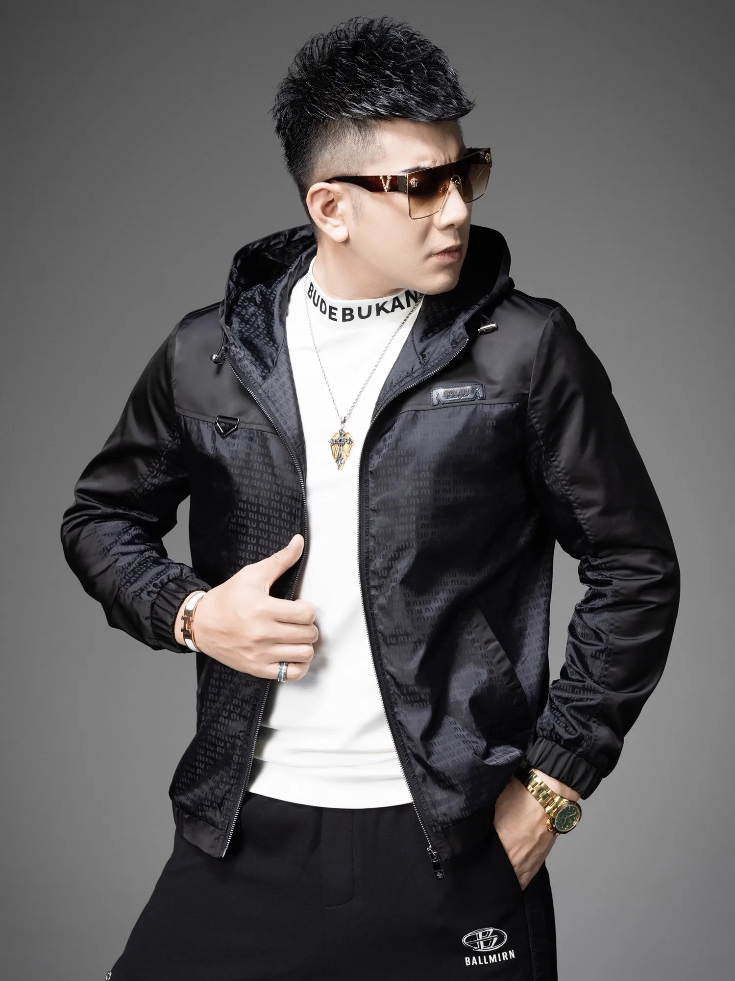 

Luxury European Sle Men's Hooded Jaet Spring Autumn Print Trendy Men's Top Coat Stand Fit Polyester Fiber Windproof