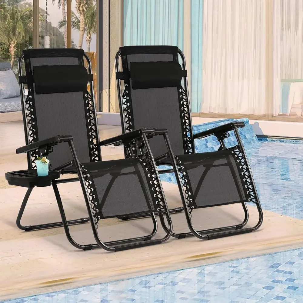 Pair of Reclining Outdoor Beach Lounge Chairs with Pillows and Cup Holders for Patio, Lawn, Pool, and Camping (Black)