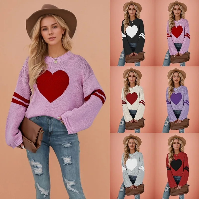 

2025 Autumn and Winter Fashion Loose New Top Women's Sweater Contrasting Color Heart Peach Round Neck Knitted Pullover