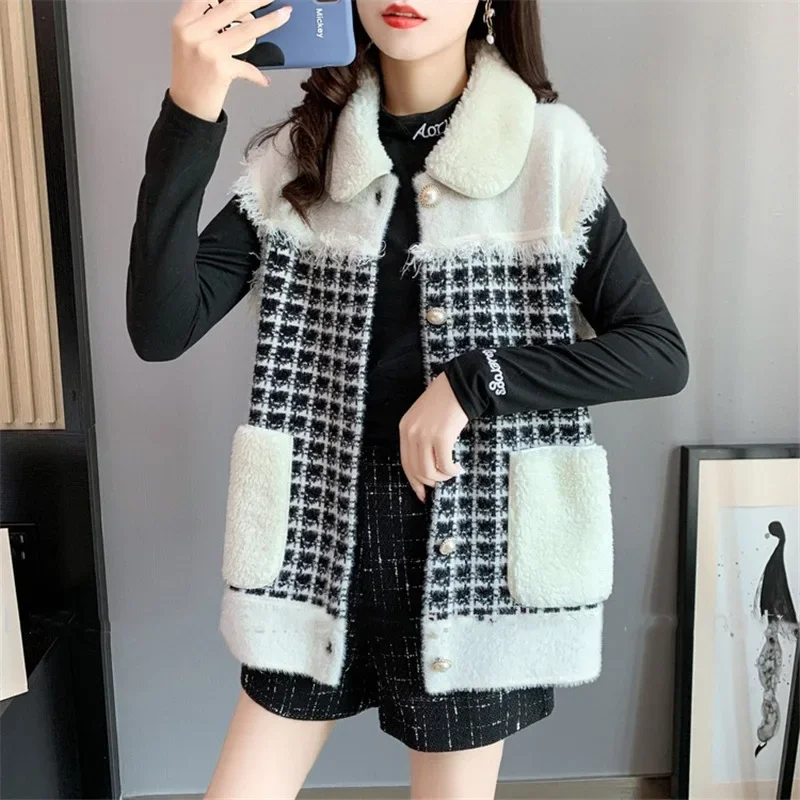 2024 Autumn New Thickened Small Grid Lmitation Lamb Hair Color Blocked Vest for Women