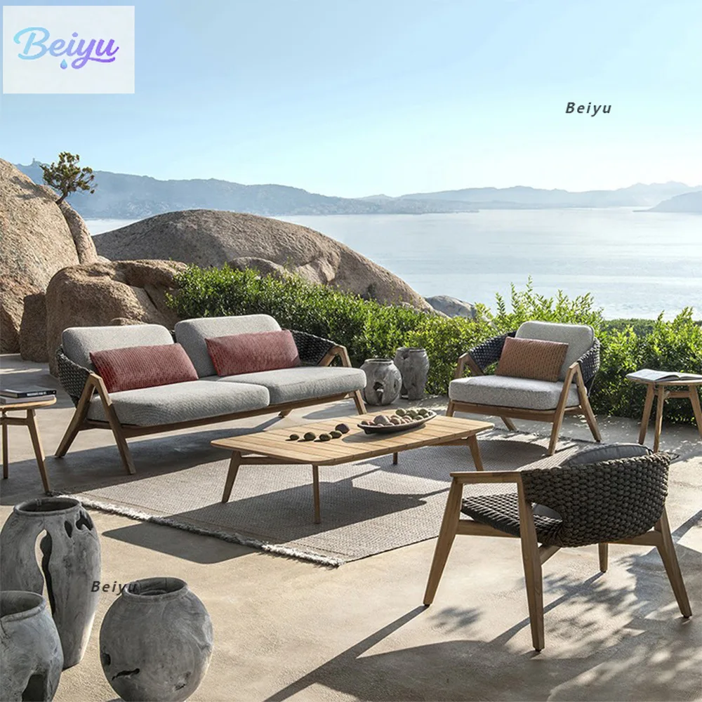 

Открытый диван из тикового дерева, отель под открытым небом, дизайнер из ротанга, гостиная, двор, балкон, комбинация дивана из цельного дерева, мебель