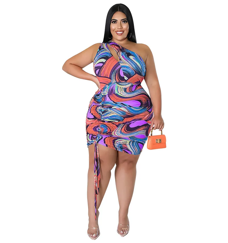 Sexy Plus Size Women Dresses Single Shoulder Hollow Out Mini Dress Drawstring Pleated Fashion Printed Wholesale Dropshipping