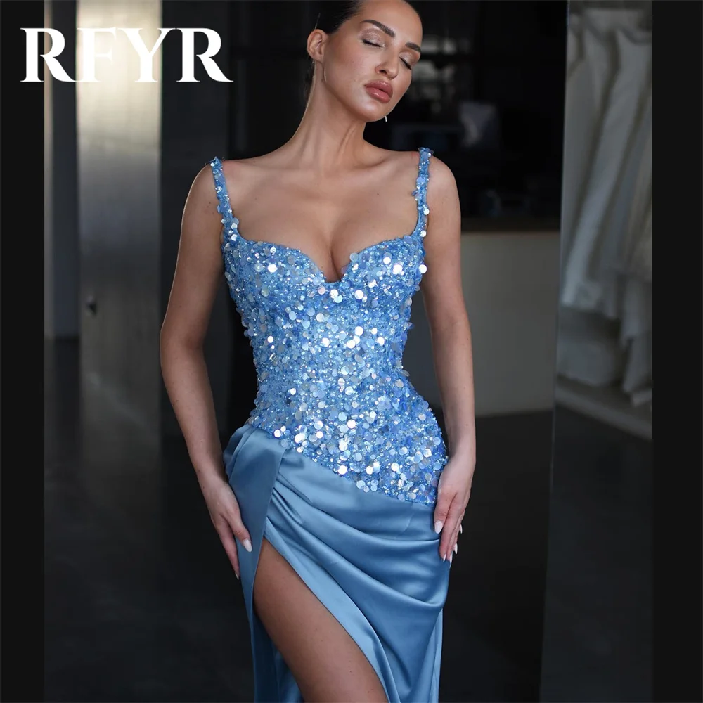 RFYR Light Blue Prom Dress Long Mermaid Spaghetti Straps Sequins Satin 2024فساتين السهرة High Side Slit Sexy Vestido De Festa