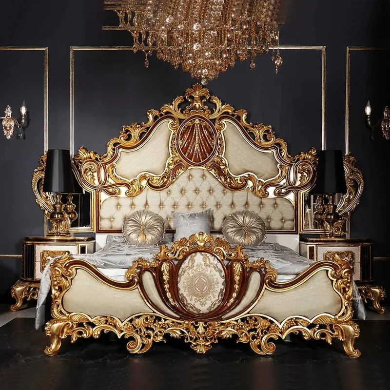 Juego de Muebles de Dormitorio con Cama King Size Tapizada, Diseño Artístico Tallado a Mano de Estilo Antiguo, con Cabecera Vintage en Dorado y Blanco