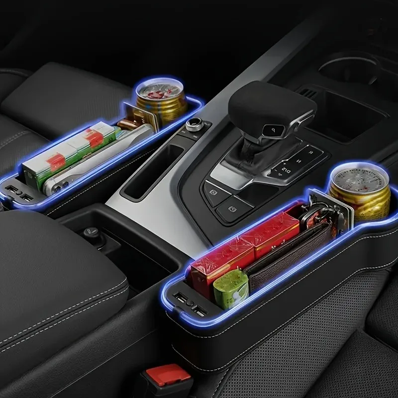 กล่องเก็บของในรถยนต์แบบมีช่องเก็บของในเบาะ, ไฟ LED ดีไซน์สวยงามพร้อมที่วางแก้ว, กล่องเก็บของในรถยนต์แบบชาร์จ USB