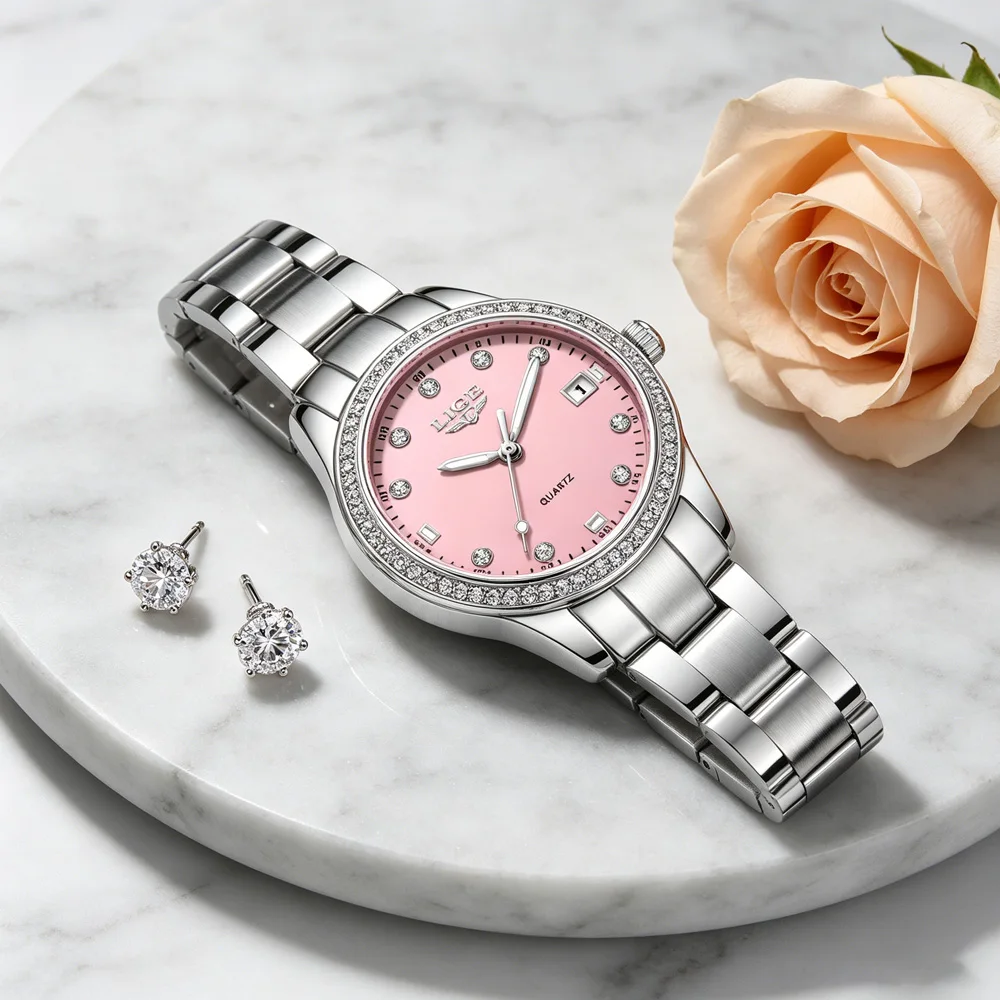 LIGE Diamond Women's Watch Fashion Elegant Quartz Wristwatches Waterproof Steel Strap Watch For Ladies Reloj Mujer+Gift Box