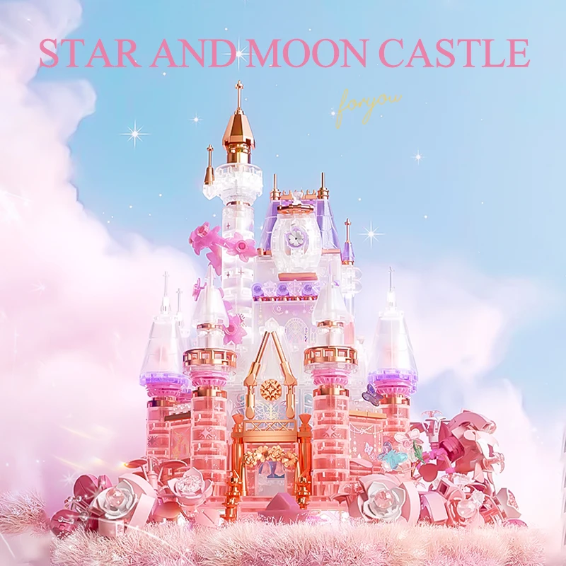 

MOC Pink Blue Crystal Moon Castle Building Blocks Set Dreamy Princess Palace House Floral Flower Architecture Toy Birthday Gifts