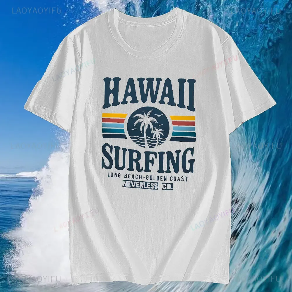 Mens Hawaii Surfing Cotton Short Sleeve for Men Tops Summer Beach Palm Print Fashion Street Style Cotton T-Shirt Clothes