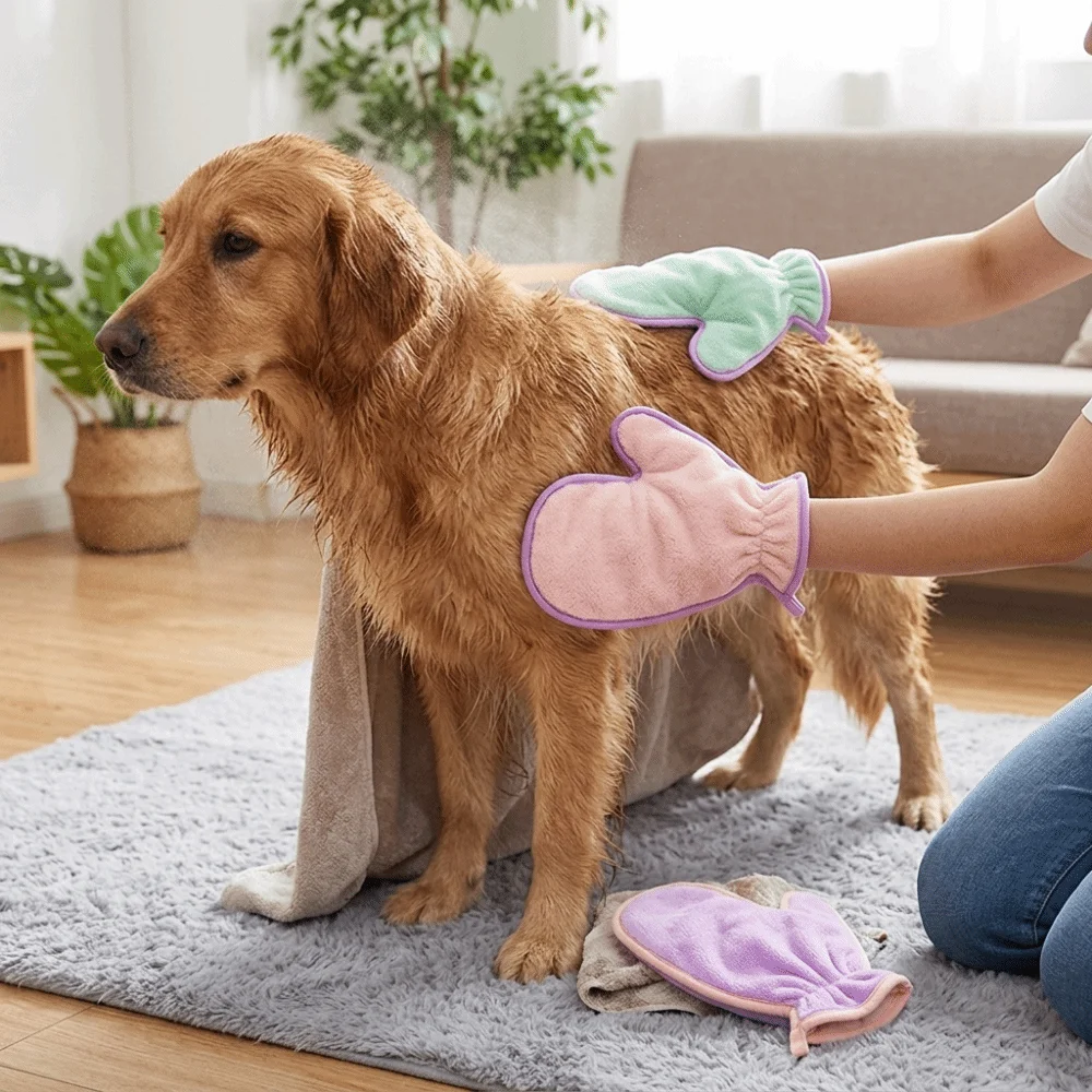 Fleece Lined Pet Drying Mitt Soft Paw Print Dog Cat Clean Mitt Safe Multi Colors Pet Absorb Glove Household Pet Groom
