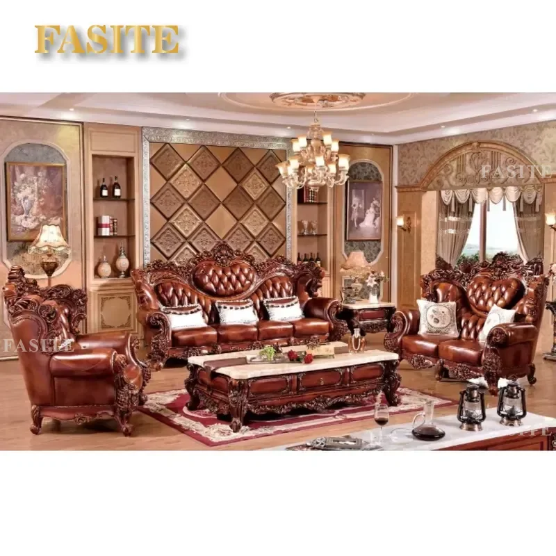 For European Luxurious Classic Living Room Carved Solid Wood Sofa Genuine Leather Couch 1 2 4 Seater Antique Style Furniture