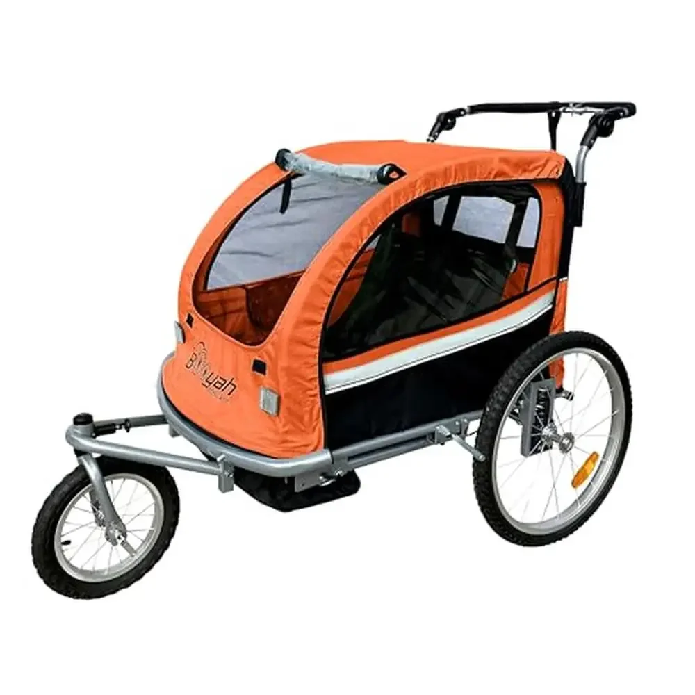 Double Child Bike Trailer and Jogger Combo Brake System Adjustable Handlebar Storage Compartment Sun Canopy Neck Cushions