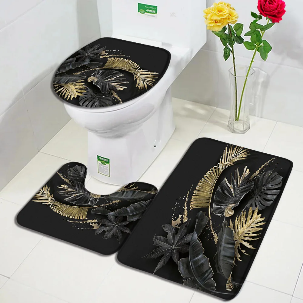 Tropical Plant Bath Mat Set Gold Black Leaves Monstera Palm Leaf Modern Home Carpet Bathroom Decor Non-Slip Rug Toilet Lid Cover