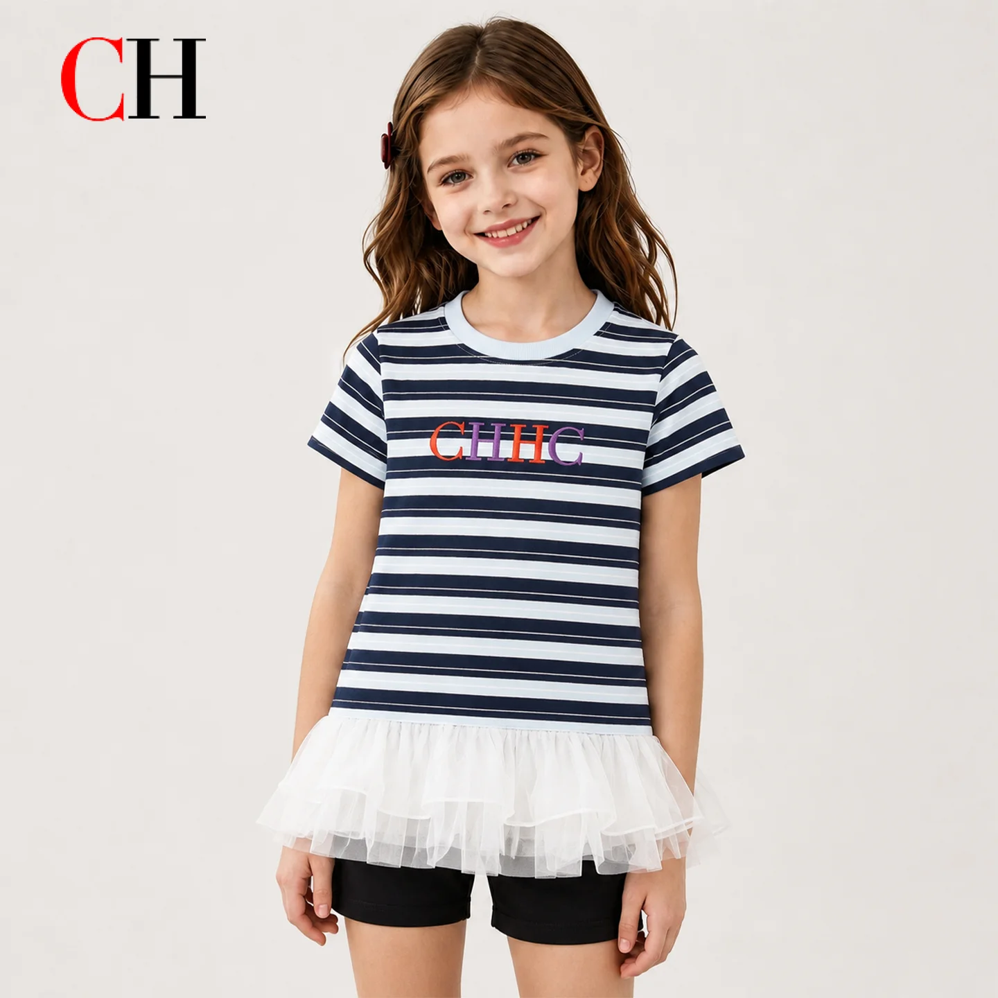 CH Little Girl Crew Neck Striped Tee Color Gradient CHHC Embroidery Double Layer Sheer Tulle Hem Spring Resort Matching Outfit