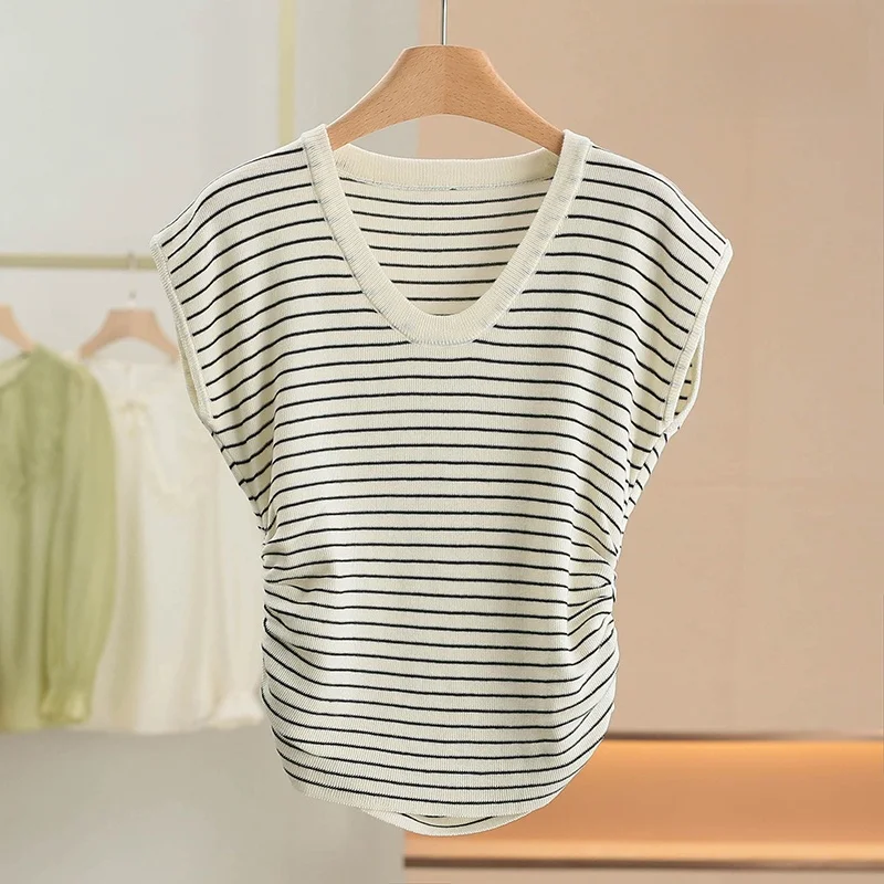 

Hanging Feifei Soft Skin-Friendly Folded Short Sleeve Knitted Sweater Summer New Arrival Women's Loose Fit Comfortable Top