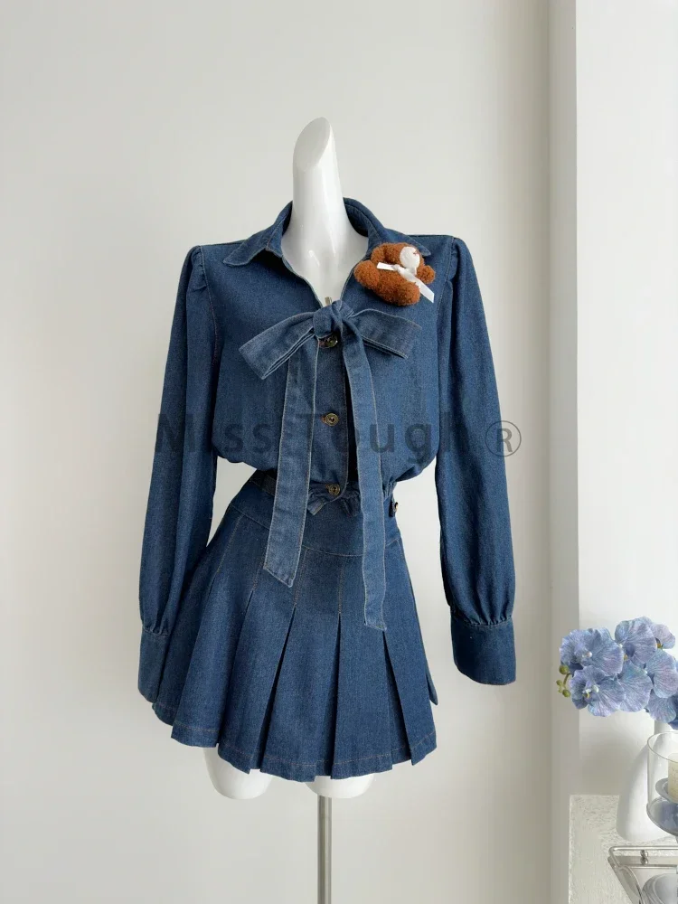 Autumn Blue Vintage Denim 2 Piece Sets Women Bow V Neck Denim Tops+Pleated A Line Chic Skirt Female Korea Fashion Chic Clothing