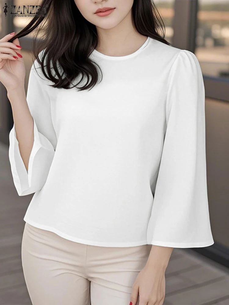 ZANZEA Long Sleeve Autumn Blouses Women Flare Sleeve Blusas Fashion Solid Color Tunic Casual Loose Tops OL Work Pullovers