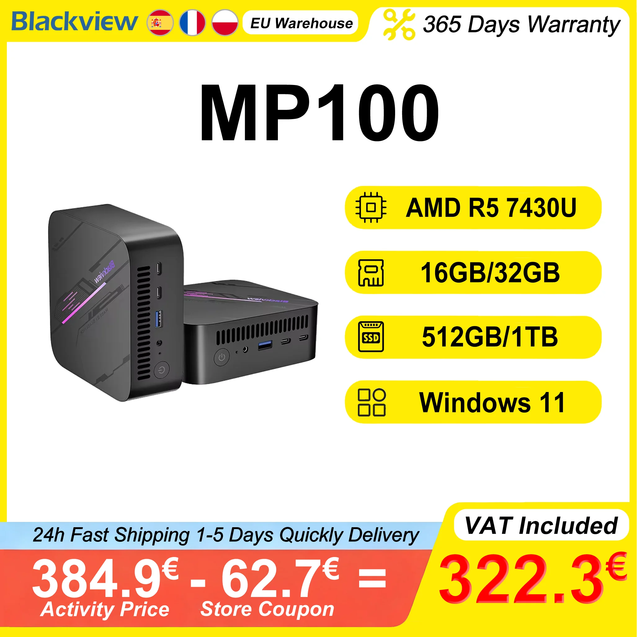 Blackview MP100 Mini PC AMD Ryzen5 7430U 16GB/32GB RAM 512GB/1TB ROM WiFi 6 Windows 11 6-Core 12-Thread BT5.2 Mini Computer PC