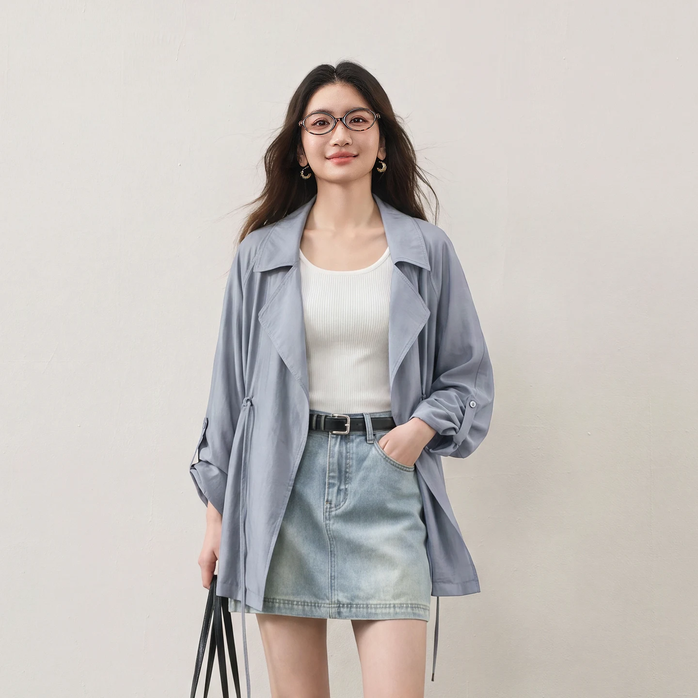 SENTUBILA Women Lyocell Trench Windbreaker 2026 Autumn Mid Length Ladies Light Coat with Convertible Two Way Sleeves 163WO7832