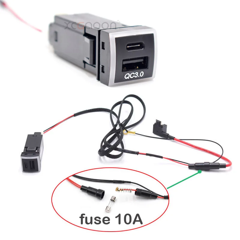 Type-C & USB QC3.0 Car Quick Fast Charger Adapter for Toyota Land Cruiser Prado 150 Series Rav4 Camry Hiace Corolla