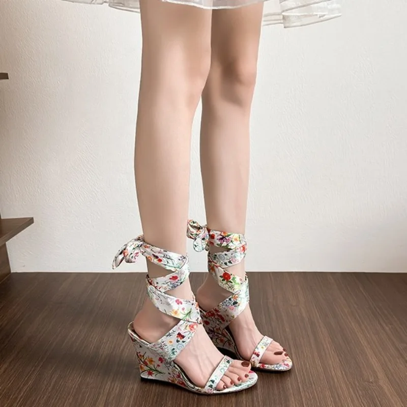 Bohemian Style Floral Ribbon Strap Detail Wedge Sandals Women Sexy Open Toe High Heels for Ladies Summer Elegant Dress Shoes - view 3