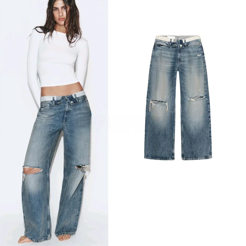 

Новые женские джинсы на весну с металлическими пуговицами и молнией, со средней посадкой, с эффектом потертости, повседневные, с отворотами, широкие штанины, натуральная талия