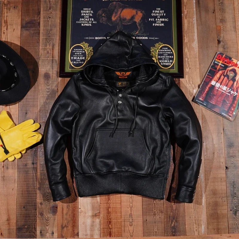 

Japanese Retro Unpainted Cowhide Jacket Pullover Hoodie with Hood and Genuine Leather Jacket for Men's Motorcycle