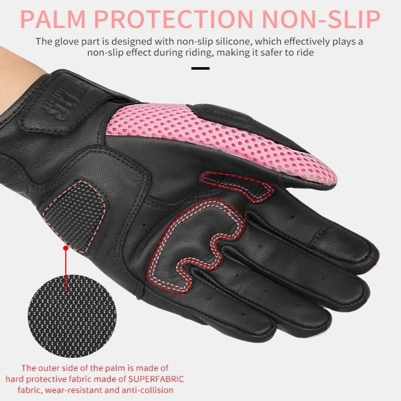 SFK Women's Motorbike Gloves Riding Summer Breathable Genuine Goat Leather Pink Motorcycle Gloves Touch Screen Wear-resistant