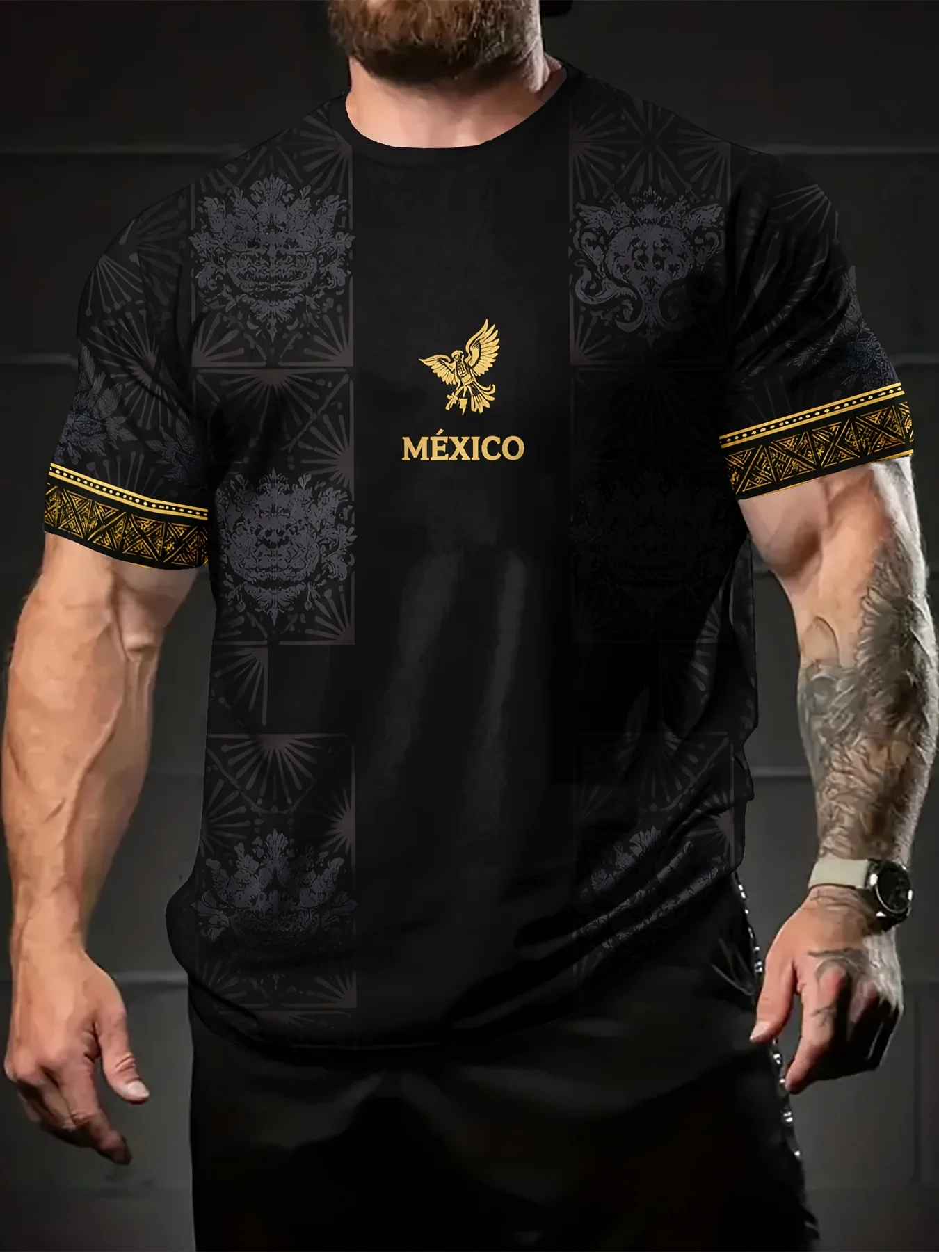 2026 New Mexico Style Mayan Tribal Short Sleeve T-Shirt Crew Neck Black Golden Pattern Unisex Adult Fashion Top