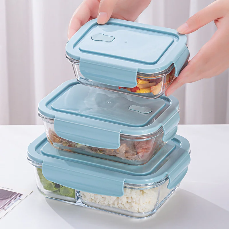 Glass lunch box microwave oven lunch box separated student fresh-keeping box thermal insulation bento box lunch box set bowl