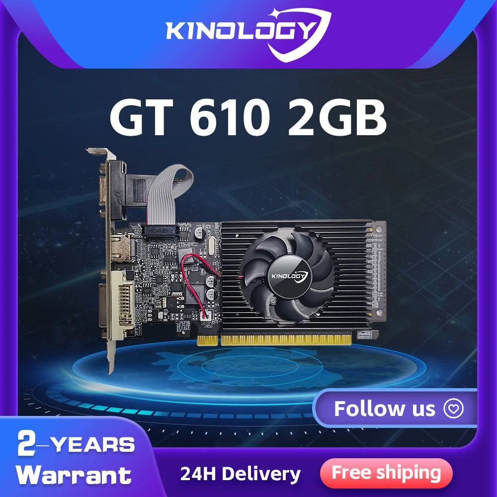 Kinology-Carte de plongée GT610, 2 Go/DDR3/64 bits, mémoire vidéo, ordinateur avec ports HD + VGA, pour le divertissement au bureau