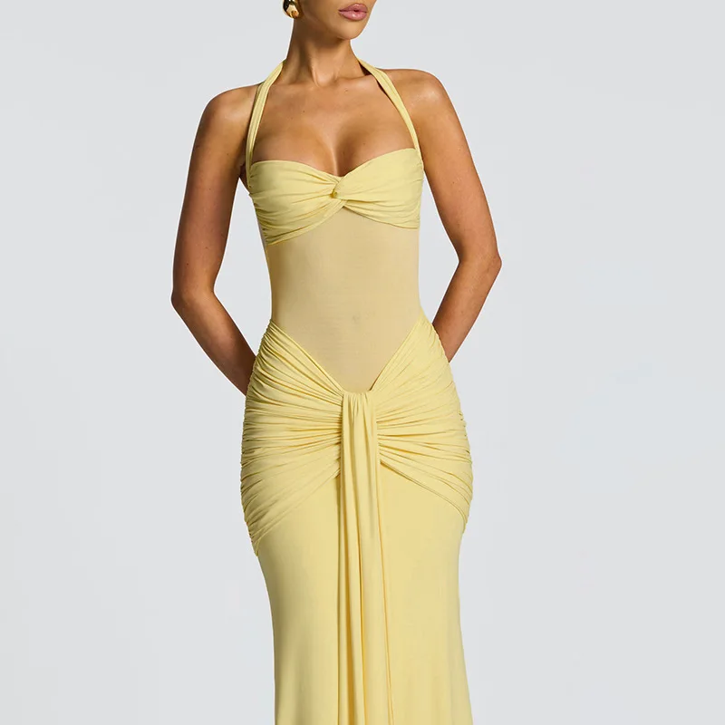 Przezroczysta Sukienka Maxi Bodycon z Siateczki, Naszywki, Marszczeniami i Wstążką, Damska, Seksowna, Bez Ramiączek, Sznurowana, z Odkrytymi Plecami, Wyszczuplająca, Klubowa, Imprezowa, Długa Suknia