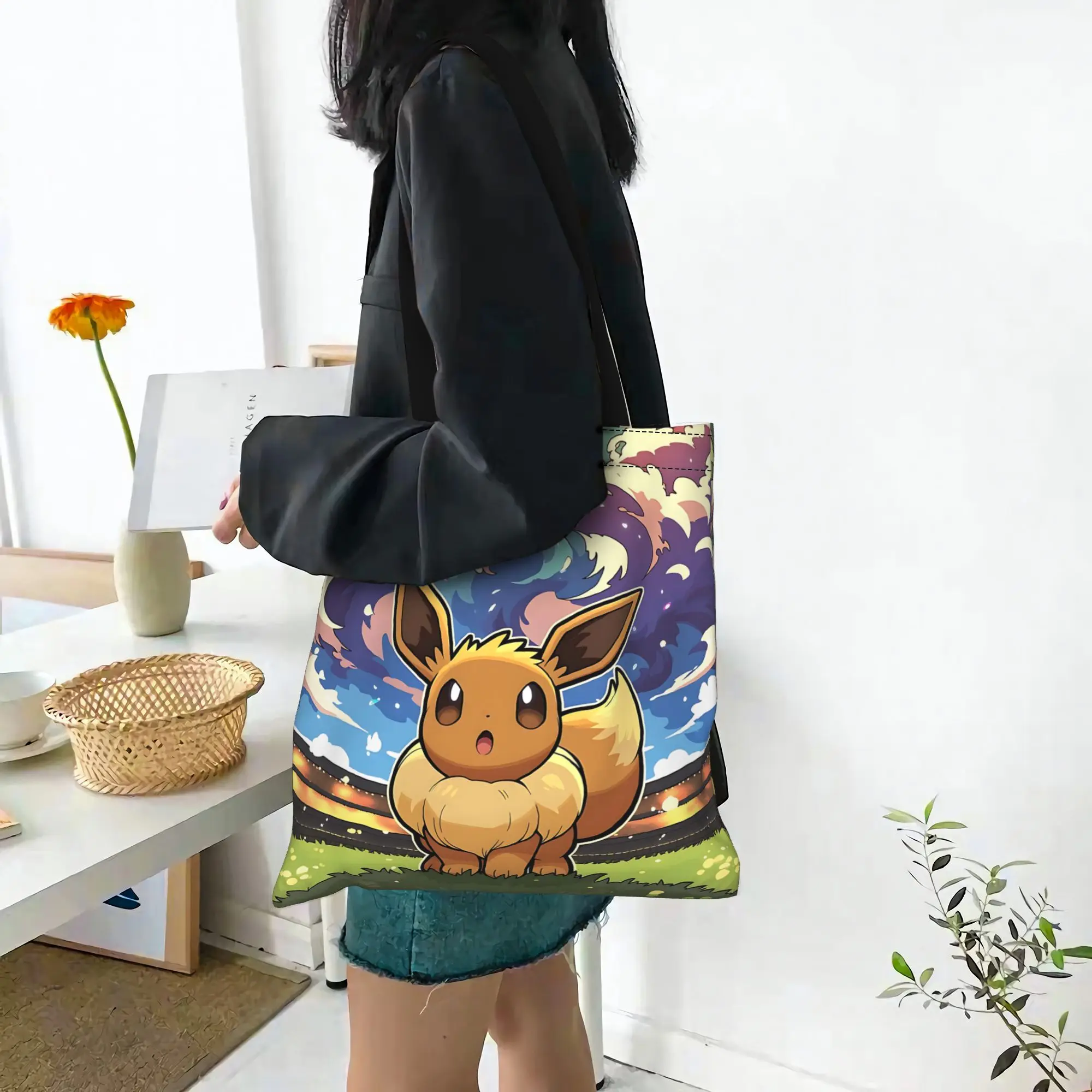 Customized pokemon Women's Bag Campus Handbag Large Capacity Eeveelution Canvas Tote Bag Foldable Chic Pattern