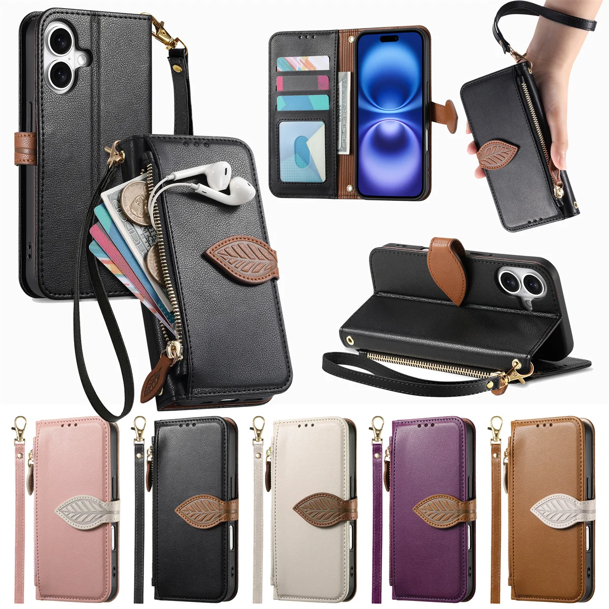 Luxuriöse Pu-Leder-Handyhülle für iPhone 16 17 Pro Max 15 Plus 14, stoßfeste Abdeckung, Zubehör, Reißverschluss, Geldbörse, Kartenhalter, Handtasche