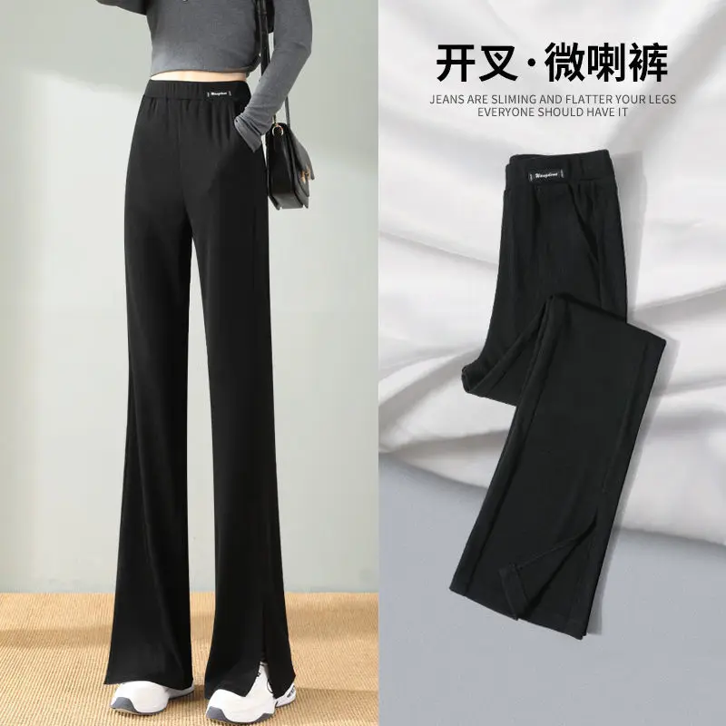 For Women with High Waist and Slim Appearance Slightly Flared Pants with Slits and Wide Legs for Floor Dragging Women's Pants