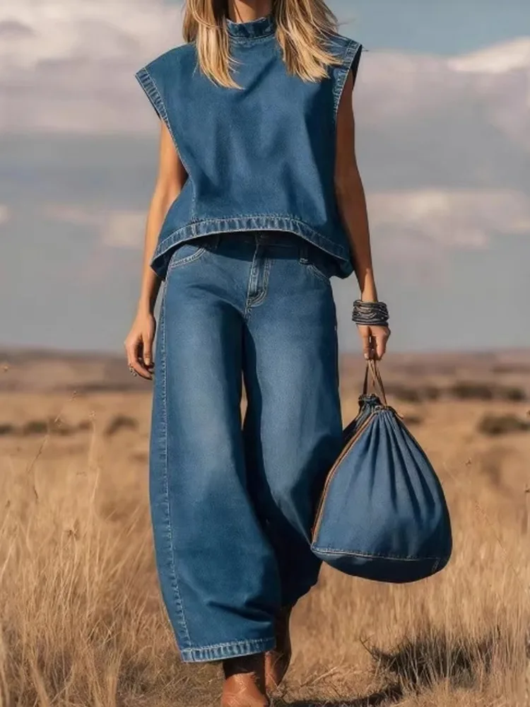 

Женский джинсовый комплект Freeacy: топ без рукавов с воротником-стойкой и джинсы с высокой талией, повседневный костюм из 2 предметов для летнего уличного стиля