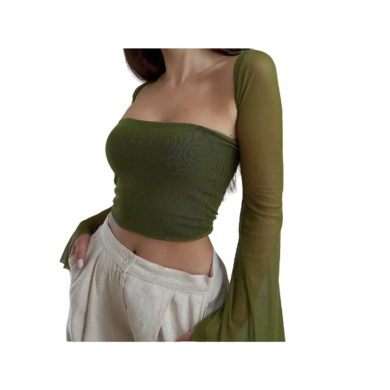 CYL-طقم نسائي مكون من قطعتين شبكي بأكمام طويلة مشد علوي عصري Y2K رقبة مربعة للخروج بوستير شال قصير #2