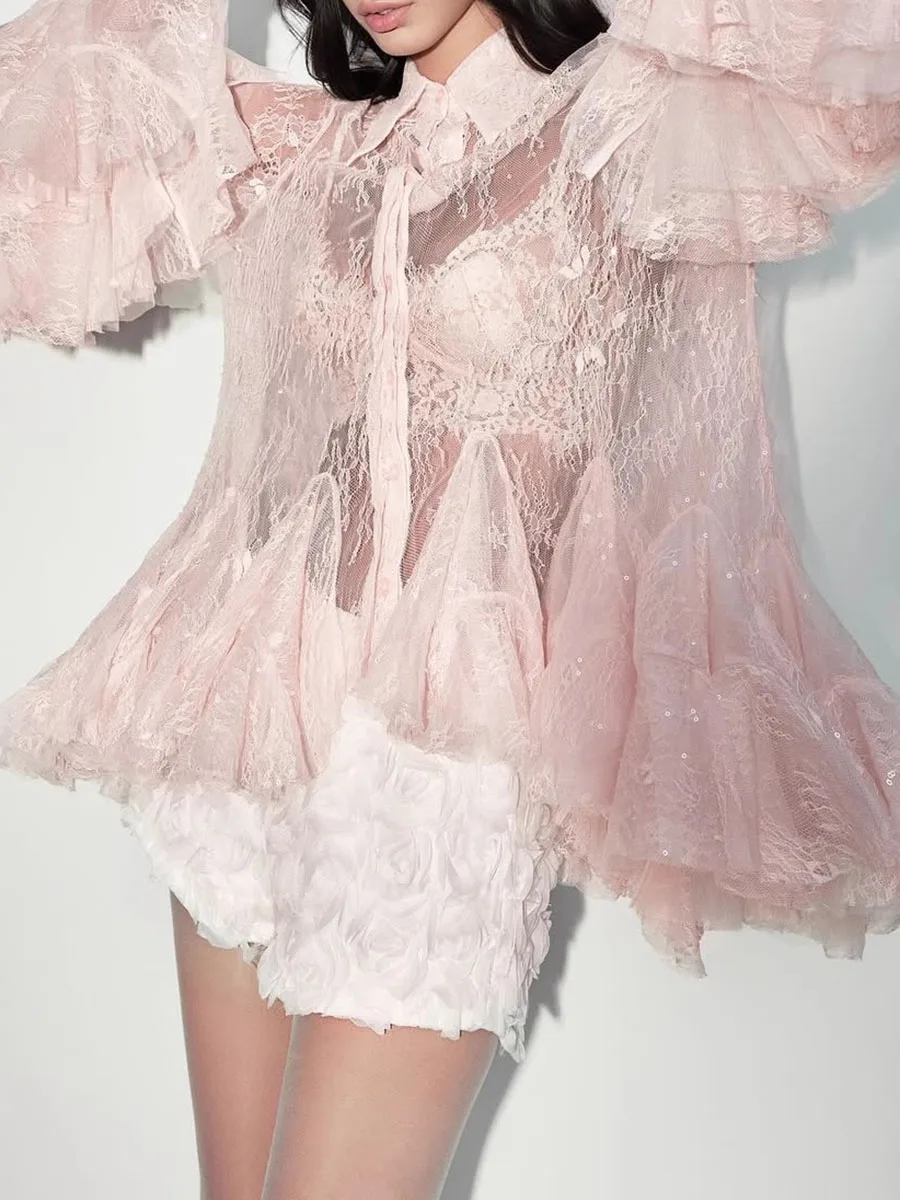 TWOTWINSTYLE Sheer Impiombato Increspature Pieghe Mini Abiti per Le Donne Risvolto Maniche Lunghe Patchwork Monopetto Abito Sexy Femminile