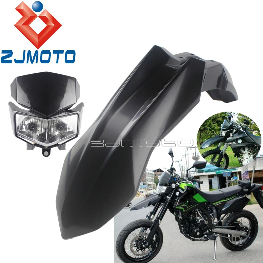 Off Road Black Front Fender & Headlight Fairing For Kawasaki KLX 250 SF D-Tracker X 250 KLX250S Motocross Custom Polye Mudguard