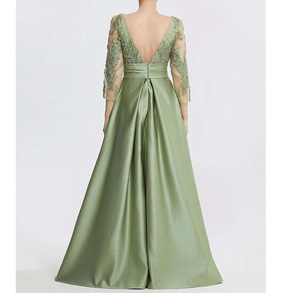 Robe de Soirée Formelle en Satin pour Femme, Manches sulf, Fendue sur le Côté, Col Rond, A-ligne, Quelle que soit la Longueur au Sol de Luxe, Dentelle, Bal