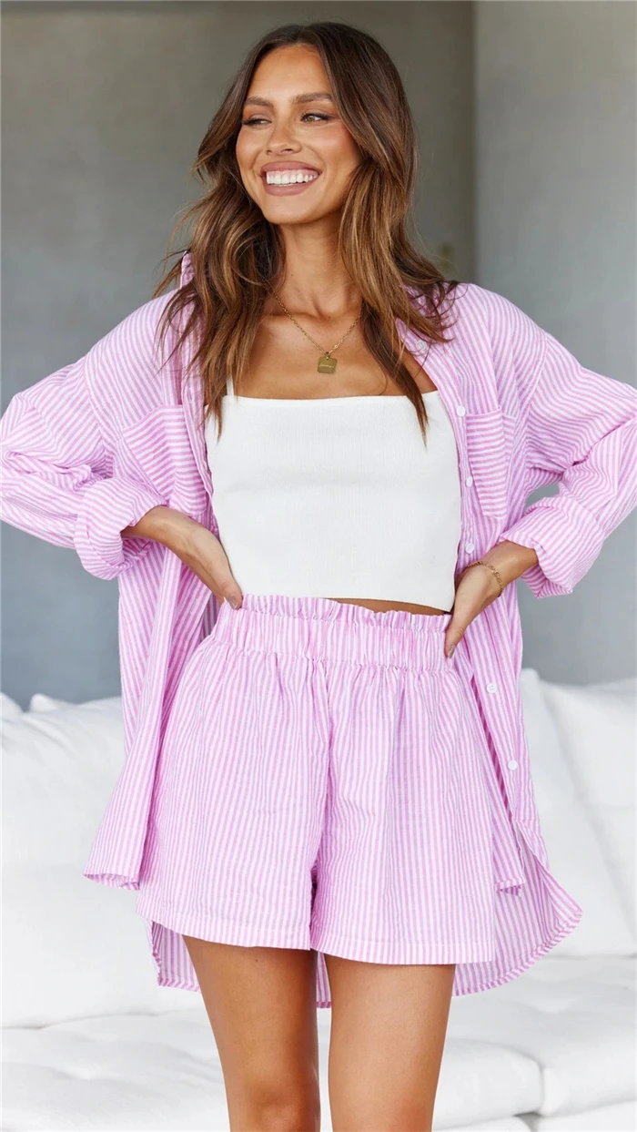 Faionable Casual Women's irt Blouse orts Set 2 Pieces Summer Season Long Sve  Collar Buttoning Wear