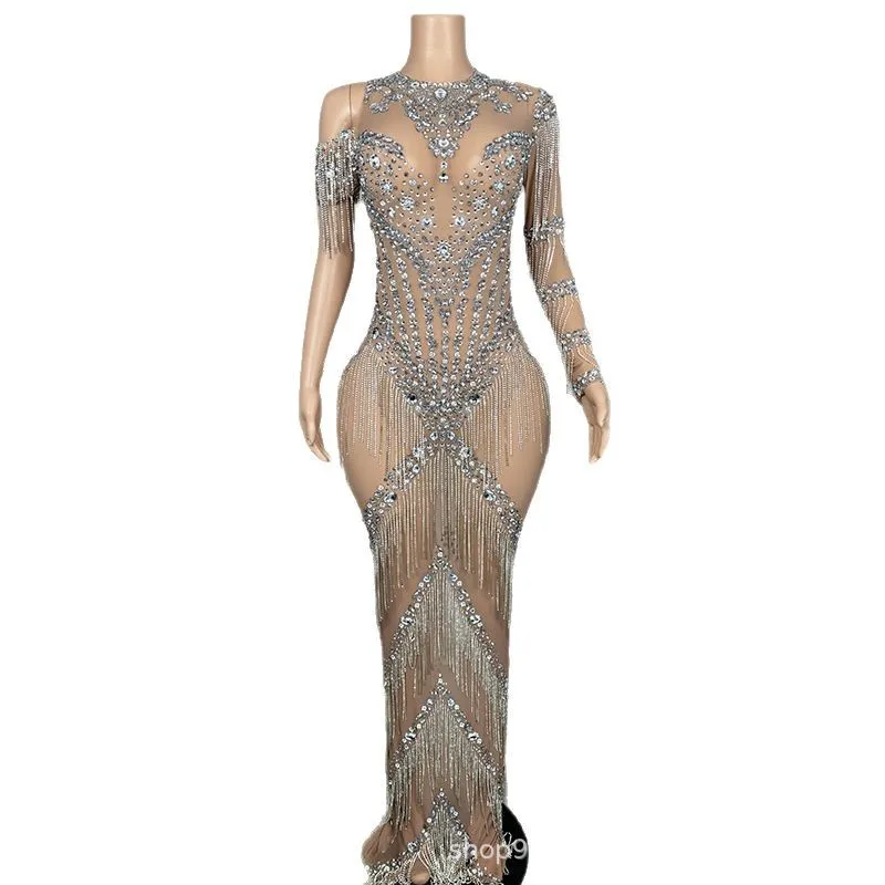 

High Sense Silver Diamond Tassel Sexy Cocktail Party Evening Dress Annual Meeting Ladies High Sense Dress Model Catwalk Vestidos
