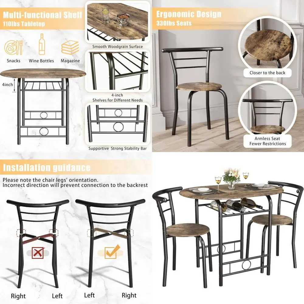 

Walnut & Black Wooden Round Table Set with Metal Legs and Built-in Wine Rack for Kitchen Dining Area