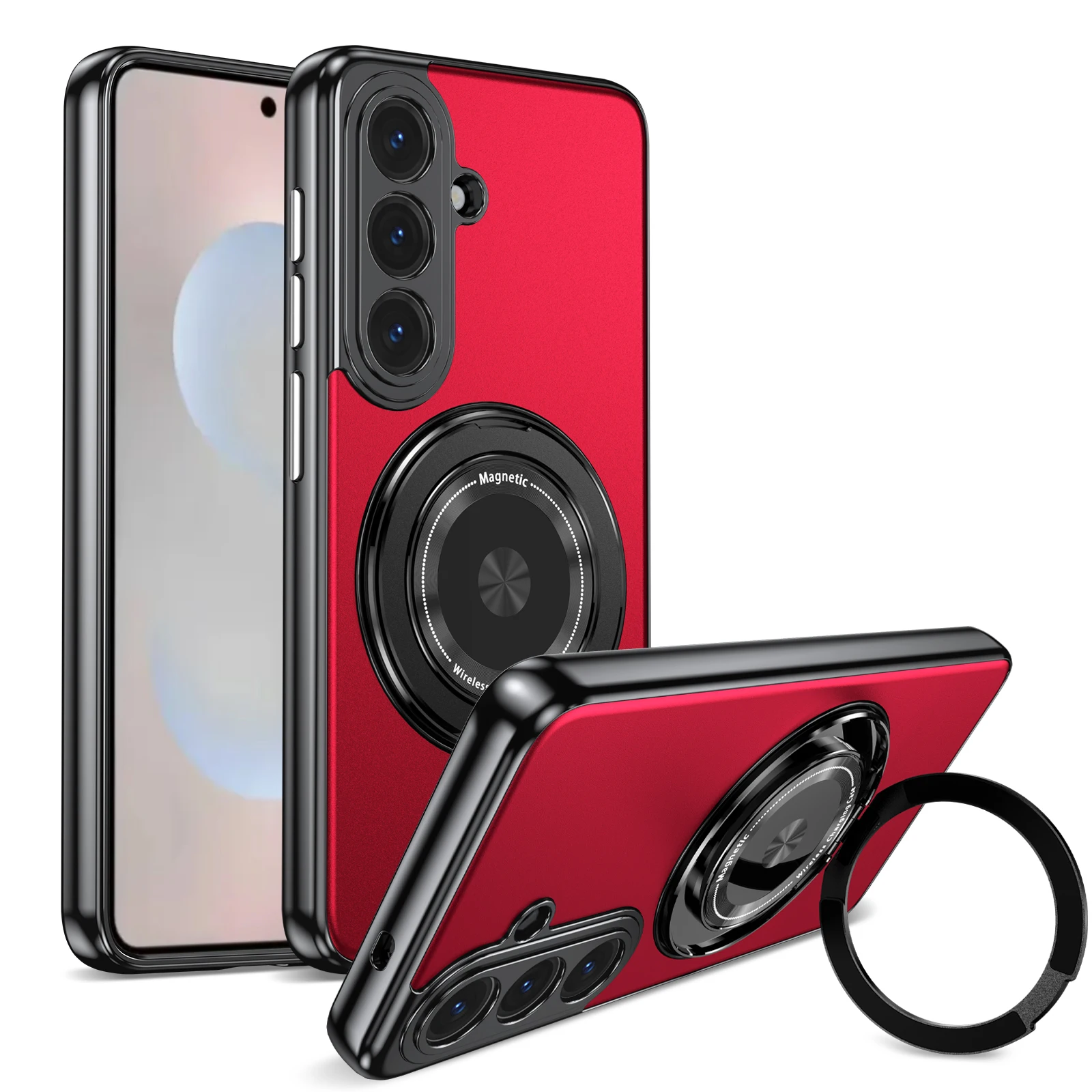 

360° Rotatable Ring Holder Car Magnetic Adsorption Electroplated Edge Shockproof Black Cover for Samsung Galaxy S26 Plus Ultra