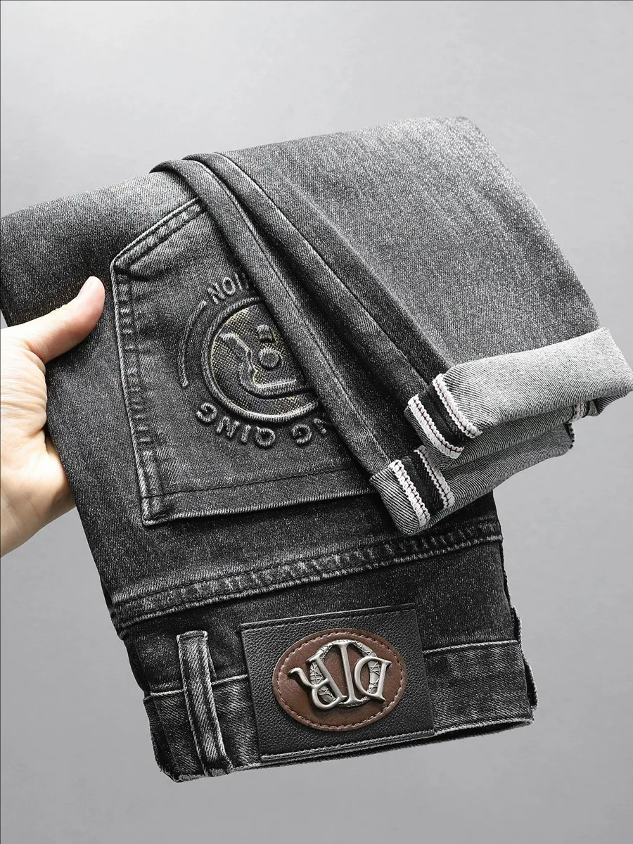 

Модные теплые джинсы с цветочной вышивкой и подкладкой из флиса, зауженного кроя, для мужчин, осенне-зимние, из плотного денима