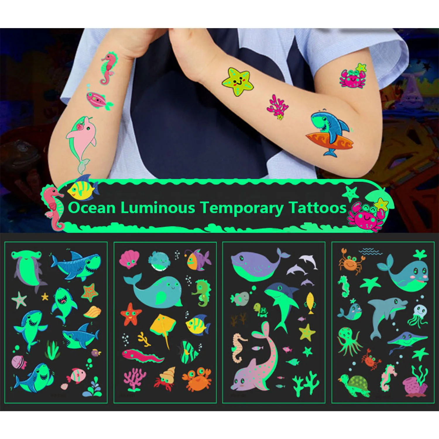 5 Sheets Luminous Shark Temporary Tattoos, Glow Shark Birthday Decorations Party Favors Supplies, Ocean  Fake Tattoo Gifts