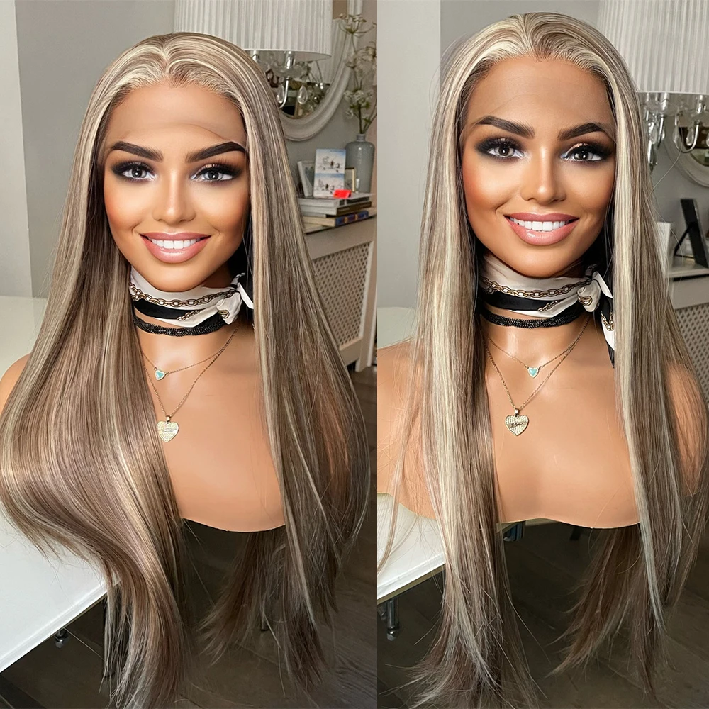 Bronze Brown Wig With Blonde Highlights Heat Resistant Synthetic Long Silky Straight Lace Front Wigs Beginner Friendly Wigs