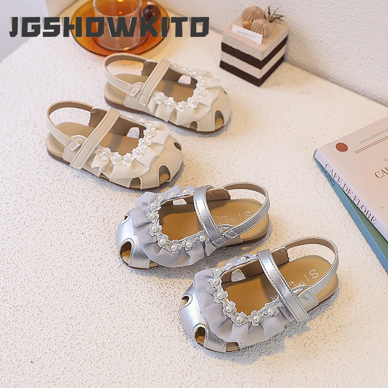 

JGSHOWKITO Children Pearl Sandals Summer Closed Toe Girls Lace Anti Slip Flat Shoes Princess Comfortable Soft Kids Dress Sandals